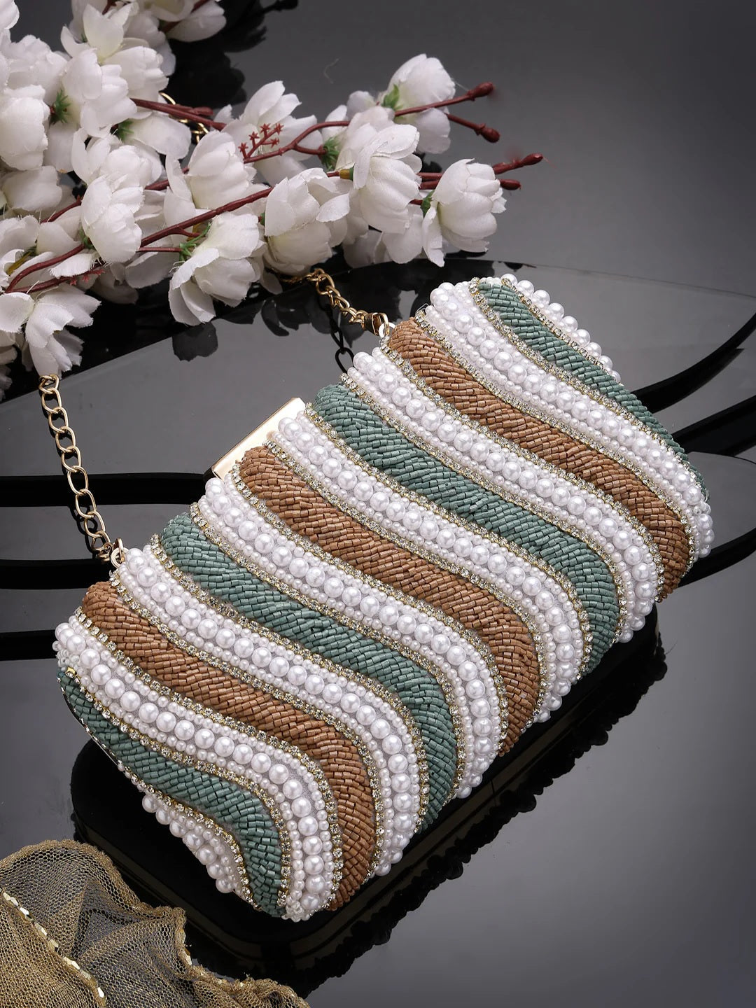 Adorn Wave Embellished Faux Silk Clutch