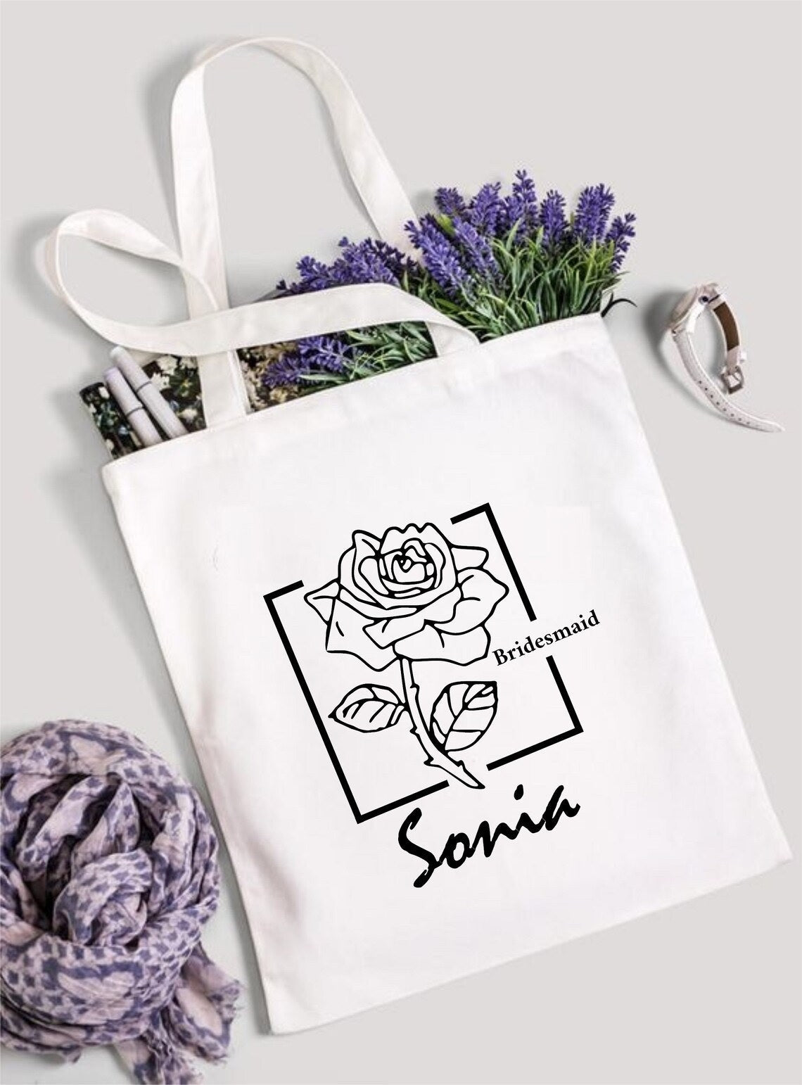 Birth Month Flower Personalized Canvas Tote Bag, Bachelorette Party, Bridesmaid gifts