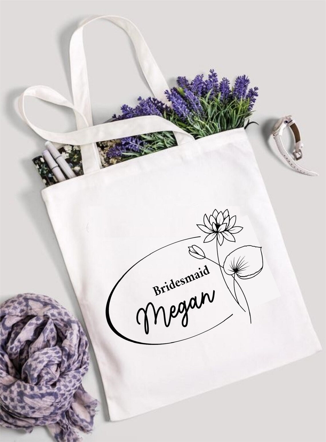 Birth Month Flower Personalized Canvas Tote Bag, Bachelorette Party, Bridesmaid gifts